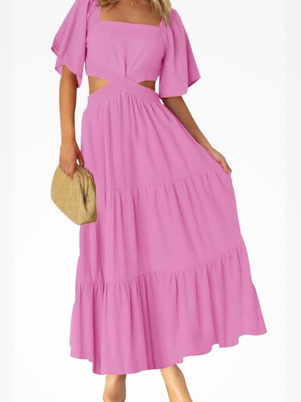 Women's Pink Cutout Tiered Maxi Dress with Flutter Sleeves